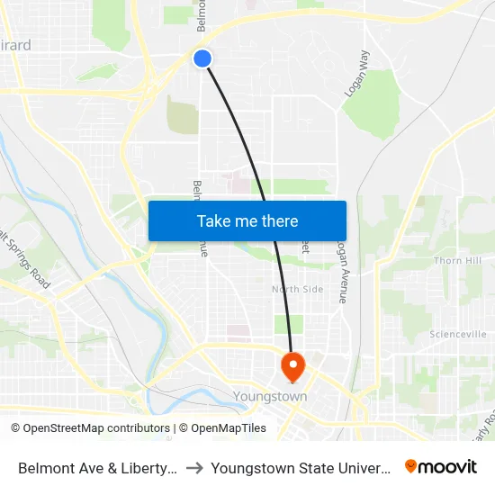 Belmont Ave & Liberty St to Youngstown State University map