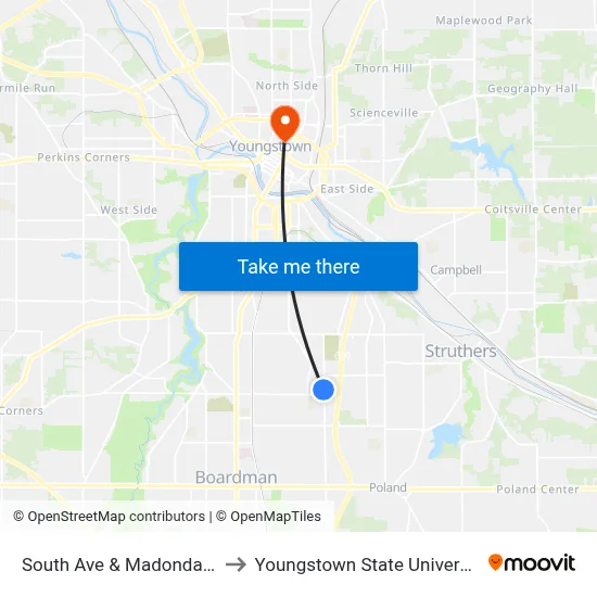 South Ave & Madonda St to Youngstown State University map
