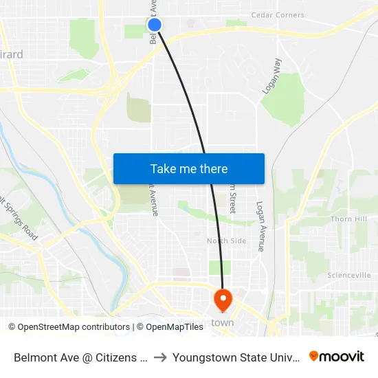 Belmont Ave @ Citizens Bank to Youngstown State University map