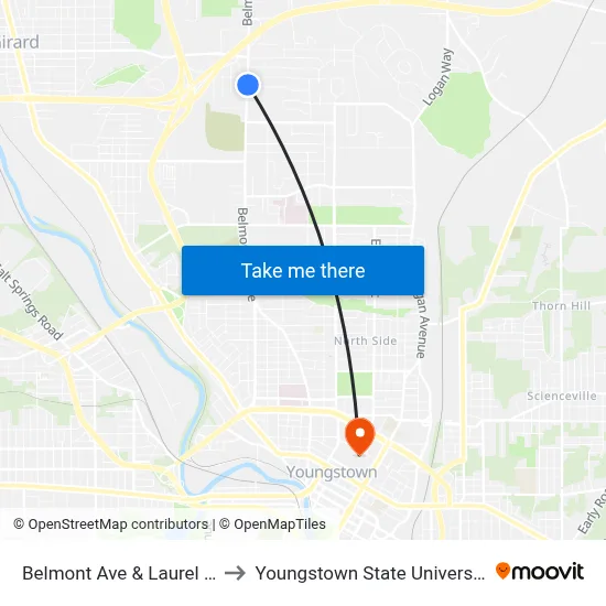 Belmont Ave & Laurel St to Youngstown State University map
