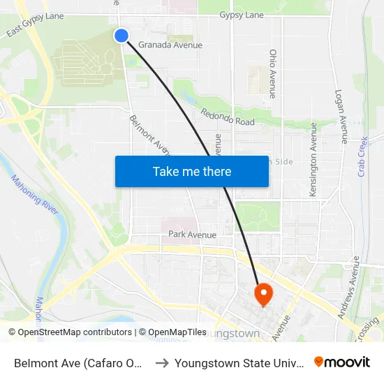 Belmont Ave (Cafaro Offices) to Youngstown State University map