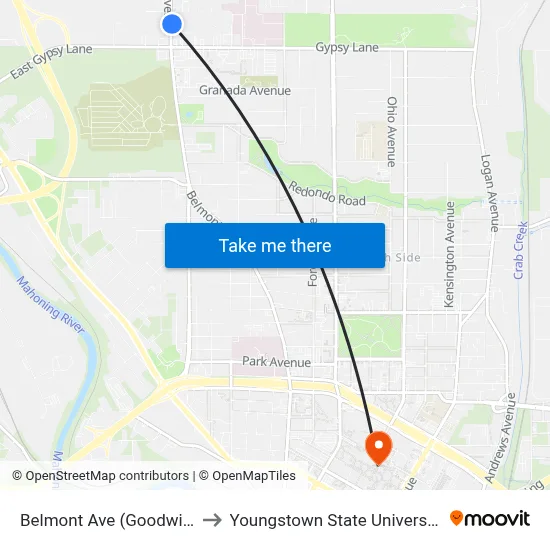 Belmont Ave (Goodwill) to Youngstown State University map