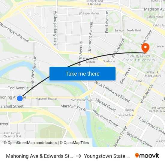 Mahoning Ave & Edwards St (Flag Stop) to Youngstown State University map