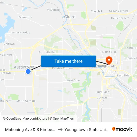 Mahoning Ave & S Kimberly Ave to Youngstown State University map