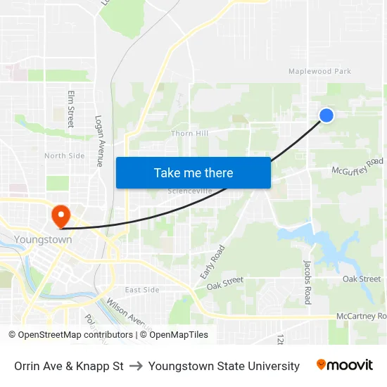 Orrin Ave & Knapp St to Youngstown State University map