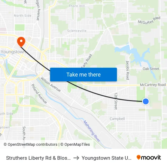 Struthers Liberty Rd & Blossom Ave to Youngstown State University map