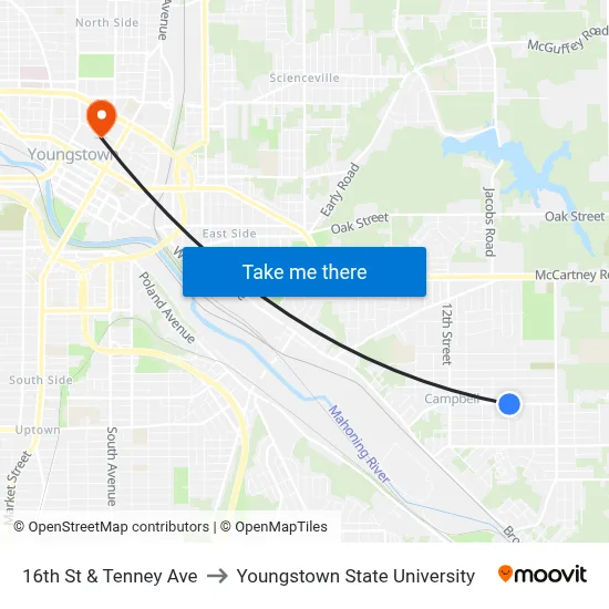 16th St & Tenney Ave to Youngstown State University map