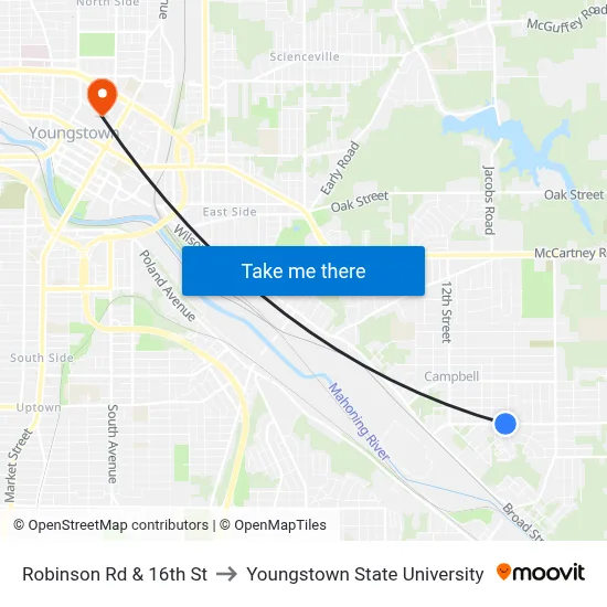 Robinson Rd & 16th St to Youngstown State University map