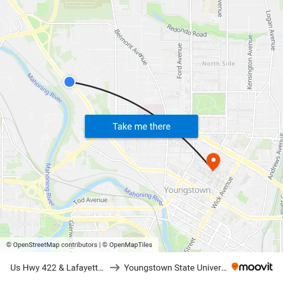 Us Hwy 422 & Lafayette St to Youngstown State University map