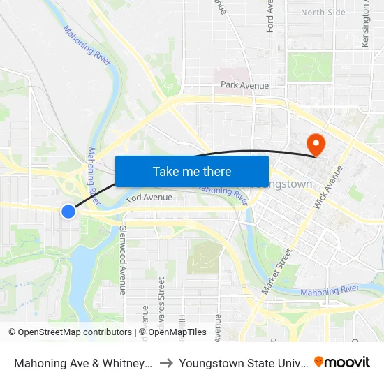 Mahoning Ave & Whitney Ave S to Youngstown State University map