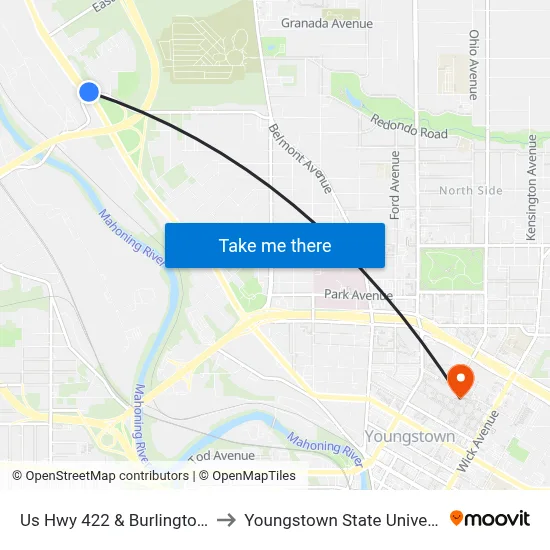 Us Hwy 422 & Burlington St to Youngstown State University map