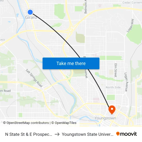 N State St & E Prospect St to Youngstown State University map