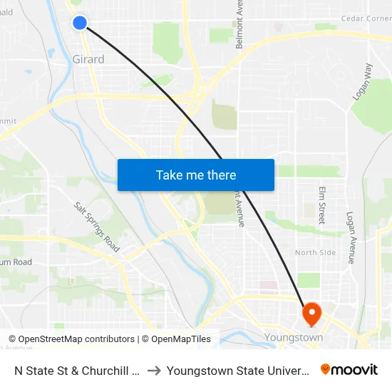 N State St & Churchill Rd to Youngstown State University map