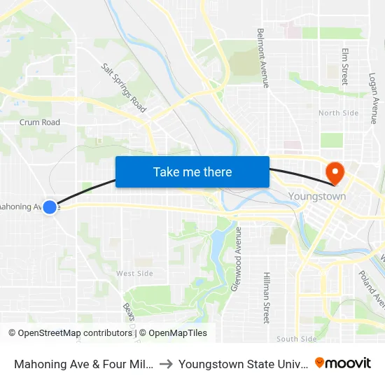 Mahoning Ave & Four Mile Run to Youngstown State University map