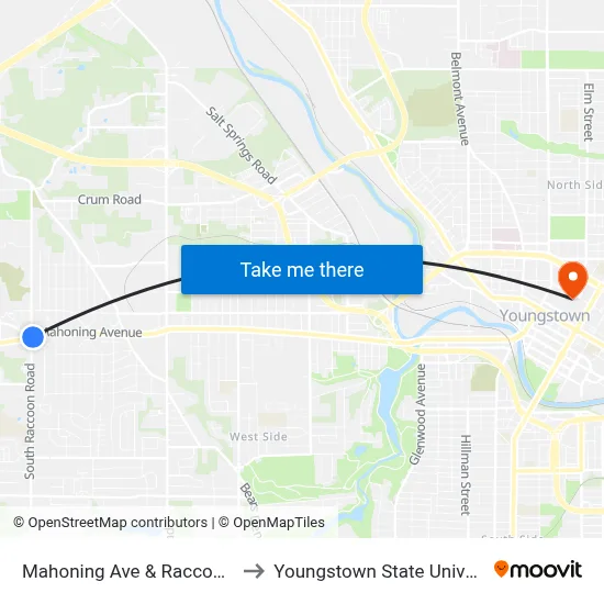 Mahoning Ave & Raccoon Rd to Youngstown State University map