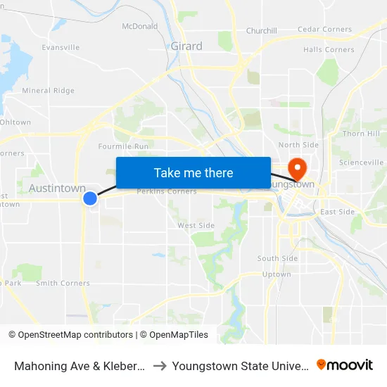 Mahoning Ave & Kleber Ave to Youngstown State University map