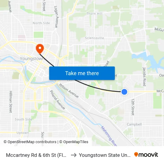 Mccartney Rd & 6th St (Flag Stop) to Youngstown State University map