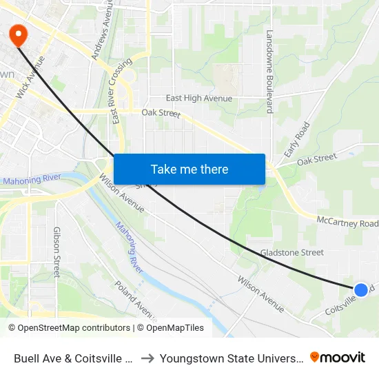 Buell Ave & Coitsville Rd to Youngstown State University map