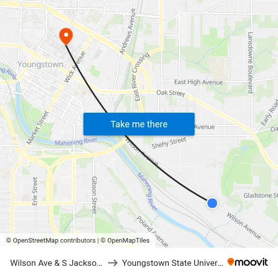 Wilson Ave & S Jackson St to Youngstown State University map