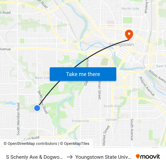 S Schenly Ave & Dogwood Dr to Youngstown State University map