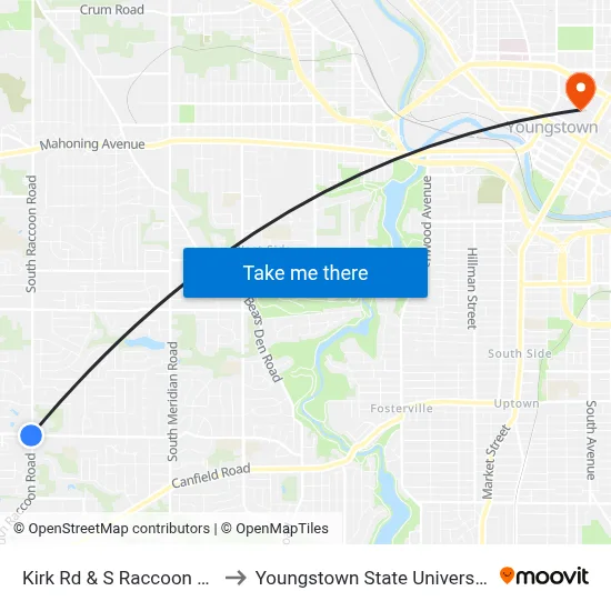 Kirk Rd & S Raccoon Rd to Youngstown State University map