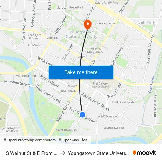 S Walnut St & E Front St to Youngstown State University map