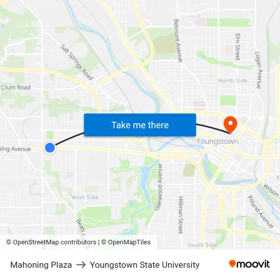 Mahoning Plaza to Youngstown State University map