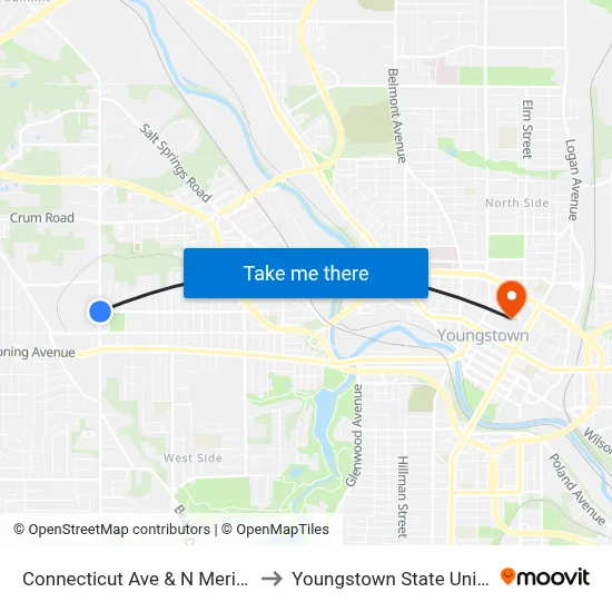 Connecticut Ave & N Meridian Rd to Youngstown State University map