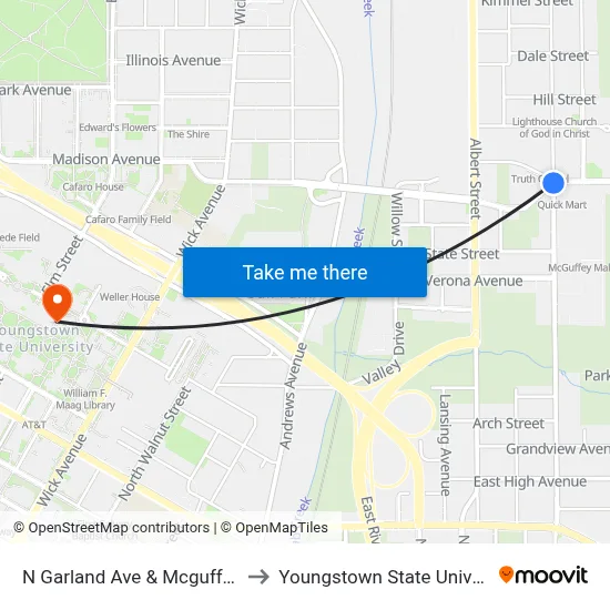 N Garland Ave & Mcguffey Rd to Youngstown State University map