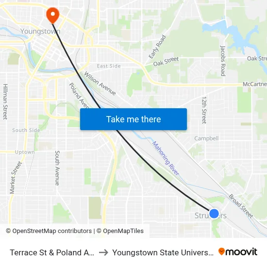 Terrace St & Poland Ave to Youngstown State University map
