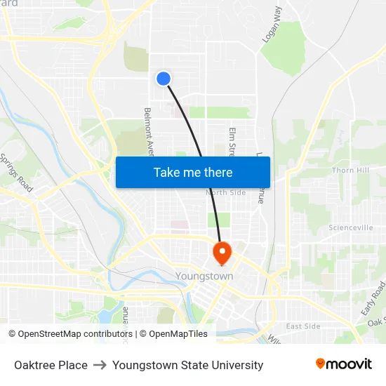 Oaktree Place to Youngstown State University map