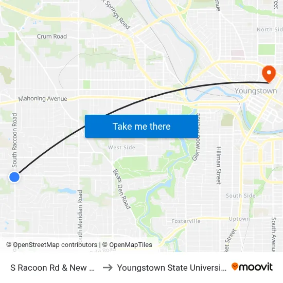 S Racoon Rd & New Rd to Youngstown State University map