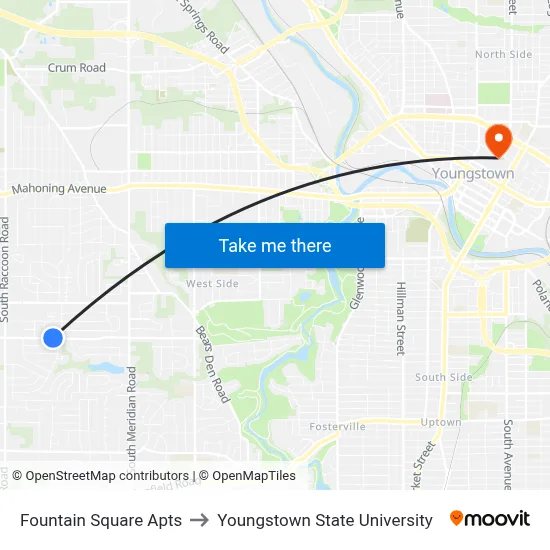 Fountain Square Apts to Youngstown State University map