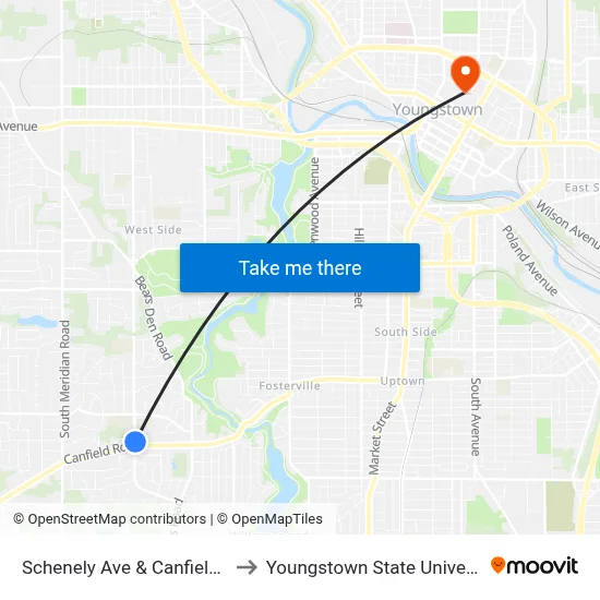 Schenely Ave & Canfield Rd to Youngstown State University map