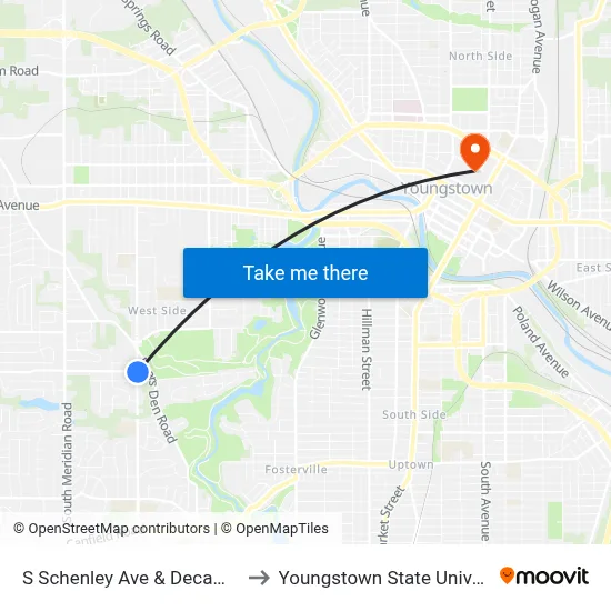 S Schenley Ave & Decamp Rd to Youngstown State University map