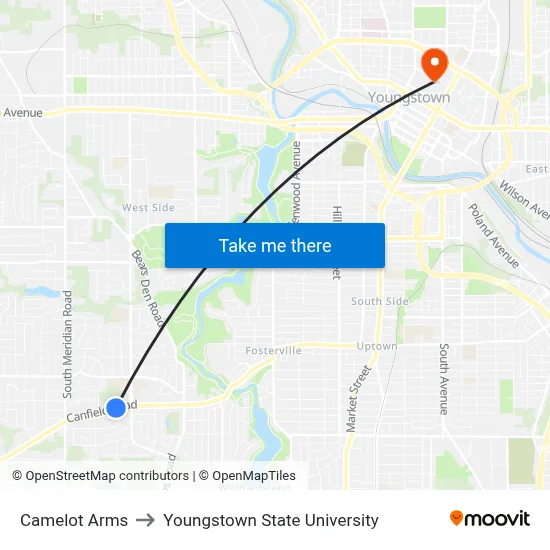 Camelot Arms to Youngstown State University map