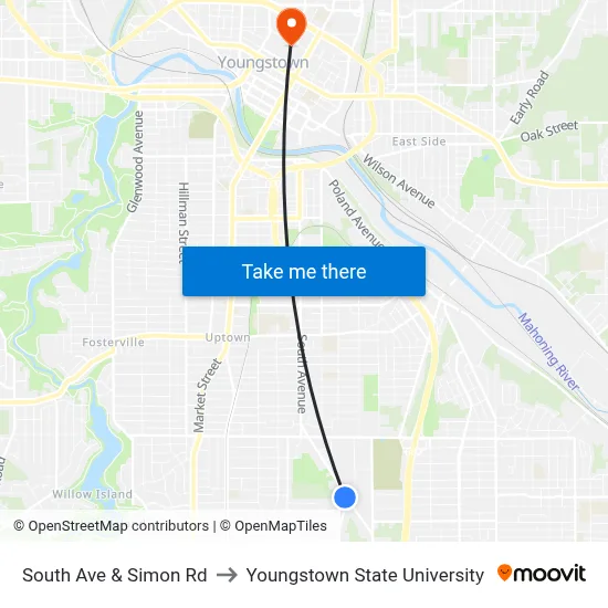 South Ave & Simon Rd to Youngstown State University map