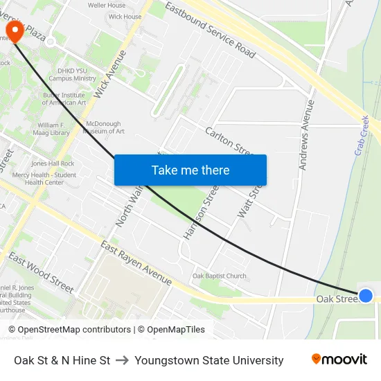 Oak St & N Hine St to Youngstown State University map