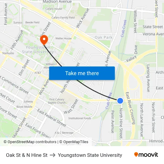 Oak St & N Hine St to Youngstown State University map
