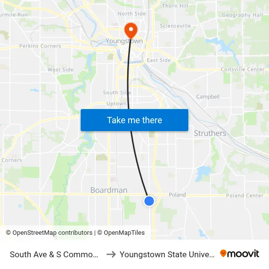 South Ave & S Commons Pl to Youngstown State University map