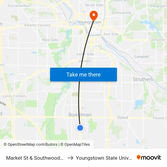 Market St & Southwoods Ave to Youngstown State University map
