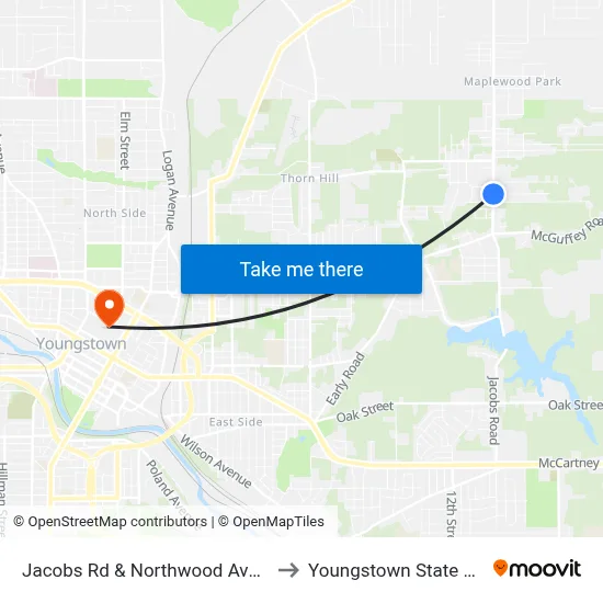 Jacobs Rd & Northwood Ave (Flag Stop) to Youngstown State University map