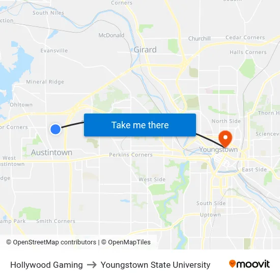 Hollywood Gaming to Youngstown State University map