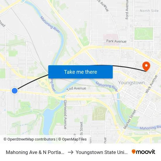 Mahoning Ave & N Portland Ave to Youngstown State University map