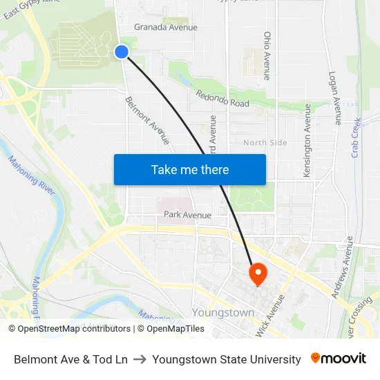 Belmont Ave & Tod Ln to Youngstown State University map