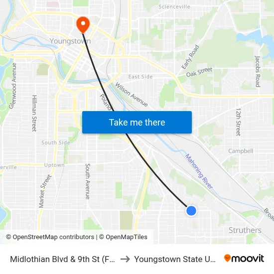 Midlothian Blvd & 9th St (Flag Stop) to Youngstown State University map