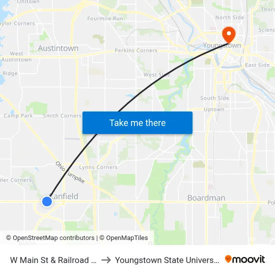 W Main St & Railroad St to Youngstown State University map