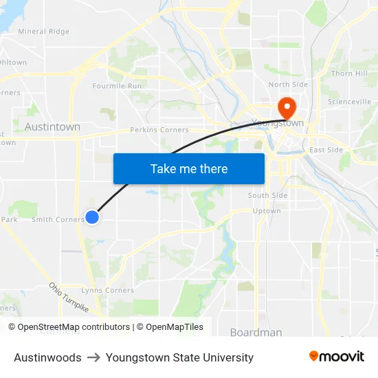 Austinwoods to Youngstown State University map