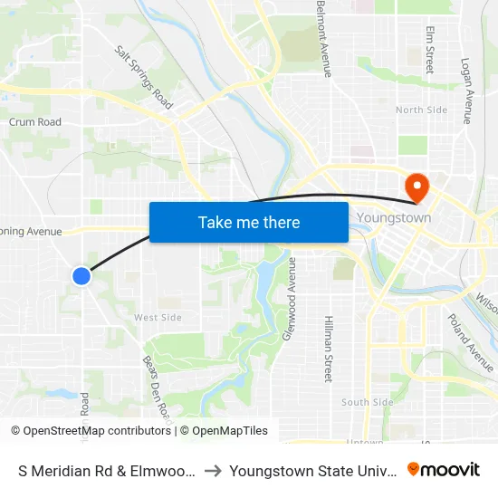S Meridian Rd & Elmwood Ave to Youngstown State University map