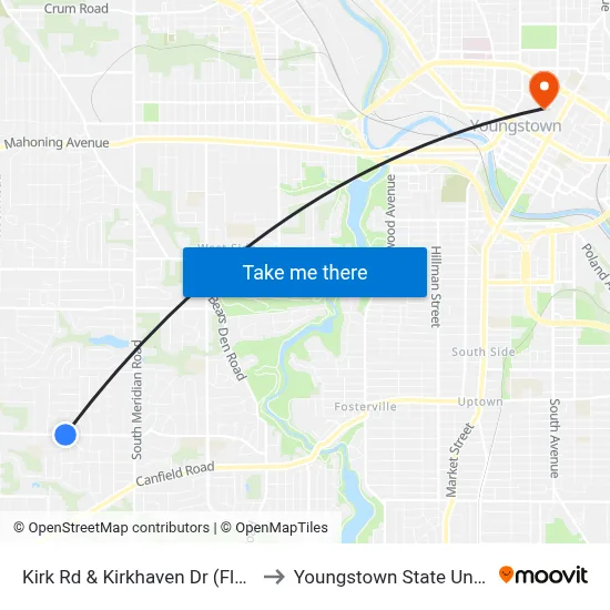 Kirk Rd & Kirkhaven Dr (Flag Stop) to Youngstown State University map